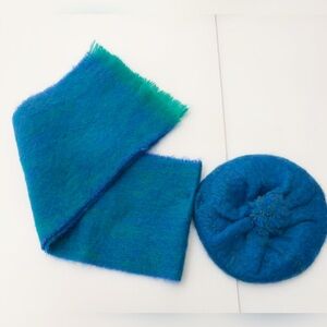 John Hanly & Co Mohair Wool Blue Knit Beret and Scarf Set